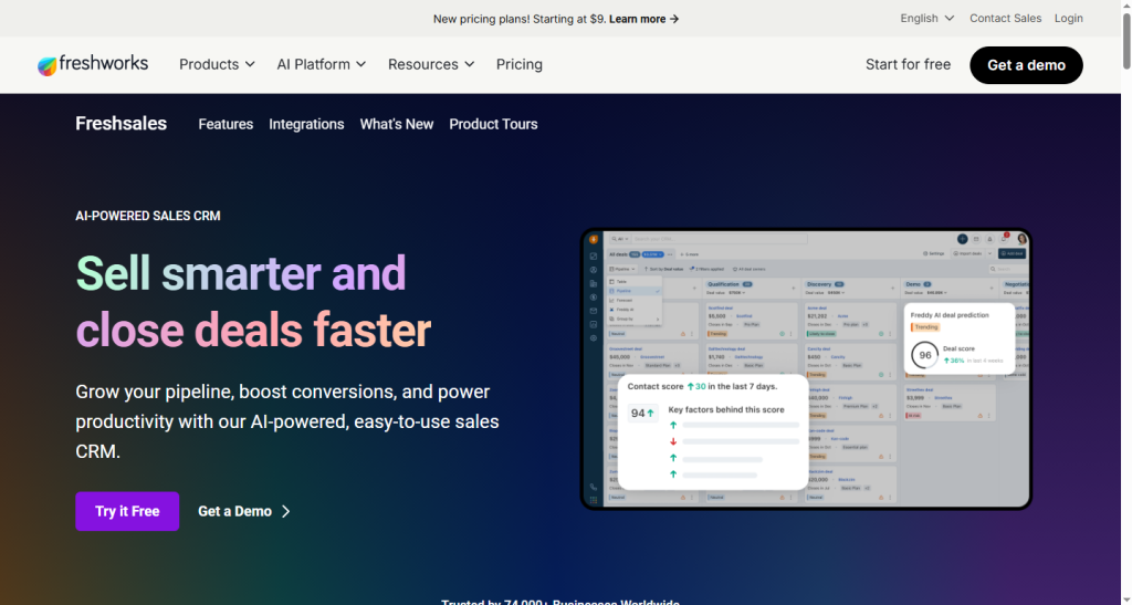 Home page screenshot of Freshworks (Freshsales)