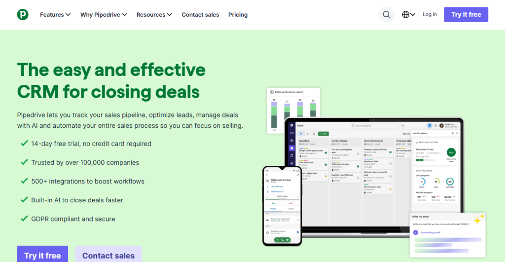 Home page screenshot of Pipedrive