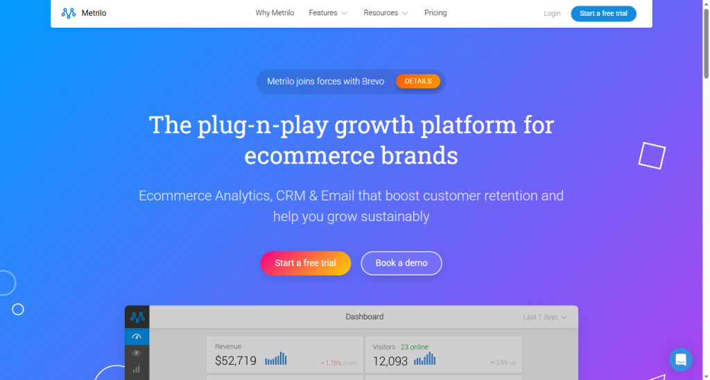 Home page screenshot of Metrilo