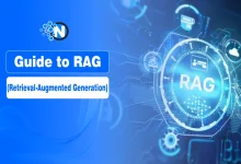 A blue tech-themed feature image graphic titled "Guide to RAG (Retrieval-Augmented Generation)" featuring abstract digital network lines and a circular UI element.