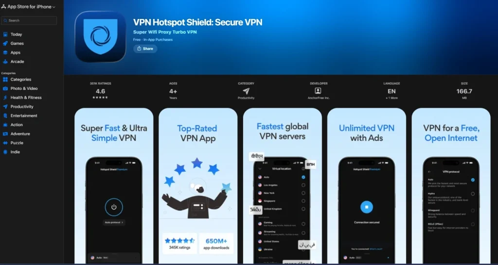 The App Store interface for Hotspot Shield: Secure VPN. The page shows a 4.6-star rating and promotional graphics highlighting its "Super Fast" performance, "Top-Rated" status, and unlimited VPN access with ads.
