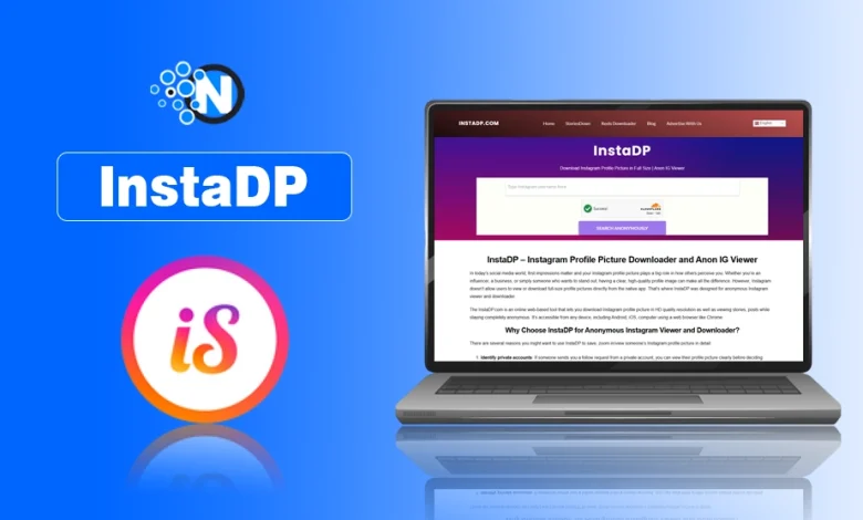 InstaDP logo and high-definition profile picture preview with text "InstaDP" usage guide.