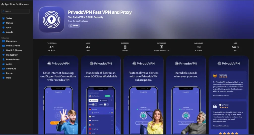 A dark-themed App Store page for hide.me VPN, featuring a blue and white logo. The highlights include five promotional slides showcasing features like "The World's Fastest VPN," privacy protection, global servers, and an auto-connect feature.