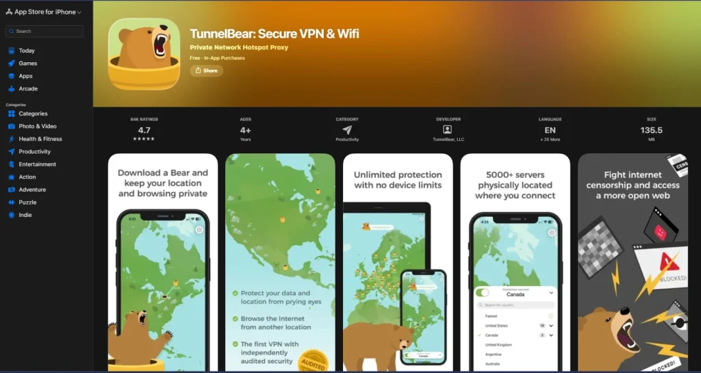 Secure VPN & Wifi listing on the App Store. The page features the iconic brown bear mascot and playful, map-based illustrations showing server locations and a "Fight internet censorship" message.