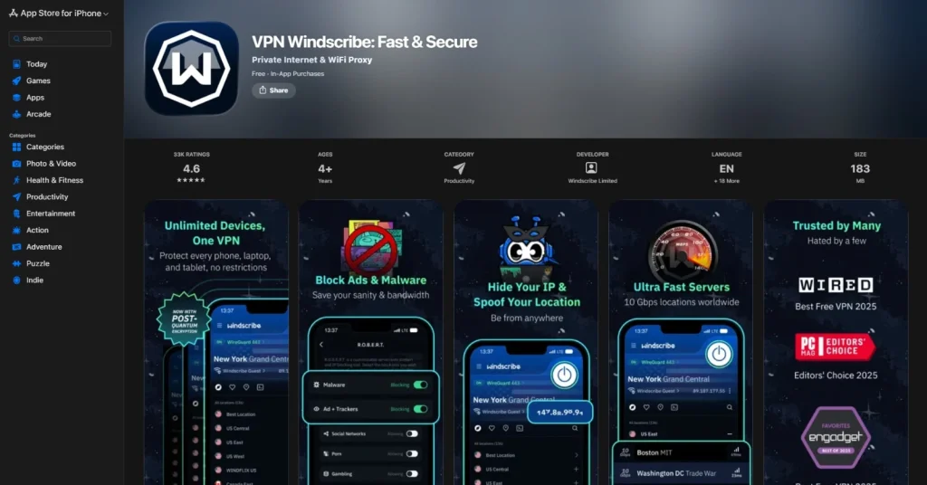 Windscribe VPN listing on the App Store showing its logo and 4.6-star rating. Promotional slides highlight "Post-Quantum Encryption," ad-blocking capabilities, and various industry awards from Wired and PCMag.