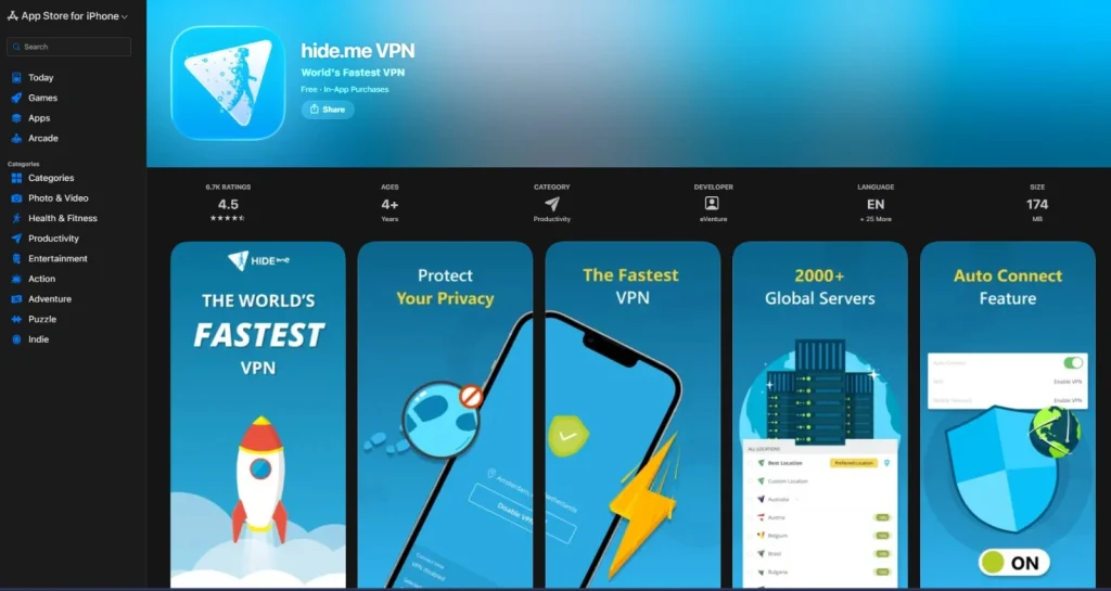 A dark-themed App Store page for hide.me VPN, featuring a blue and white logo. The highlights include five promotional slides showcasing features like "The World's Fastest VPN," privacy protection, global servers, and an auto-connect feature.