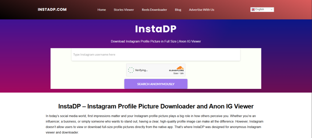 Screenshot of Instadp home page by NogenTech