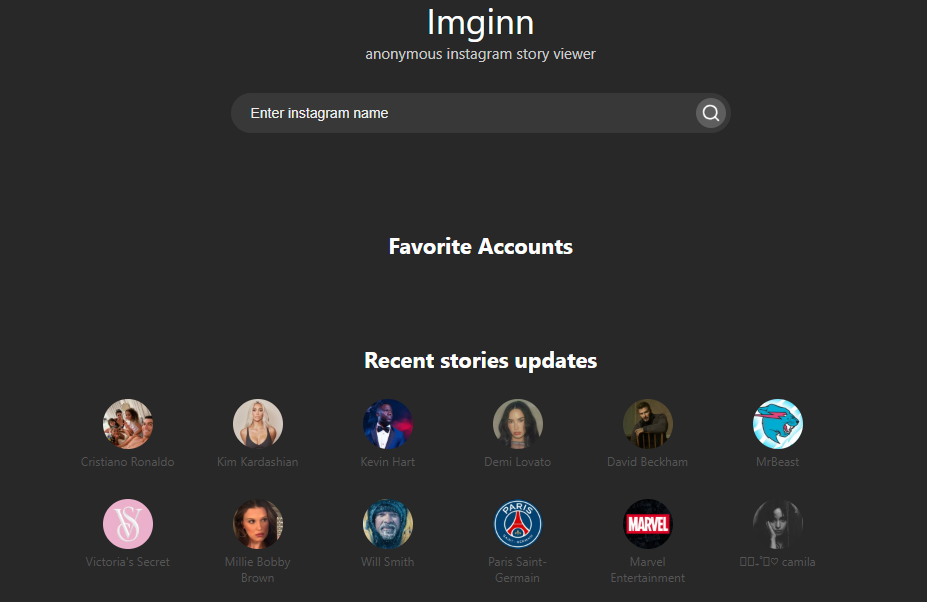 Screenshot of Imginn home page captured by nogenTech