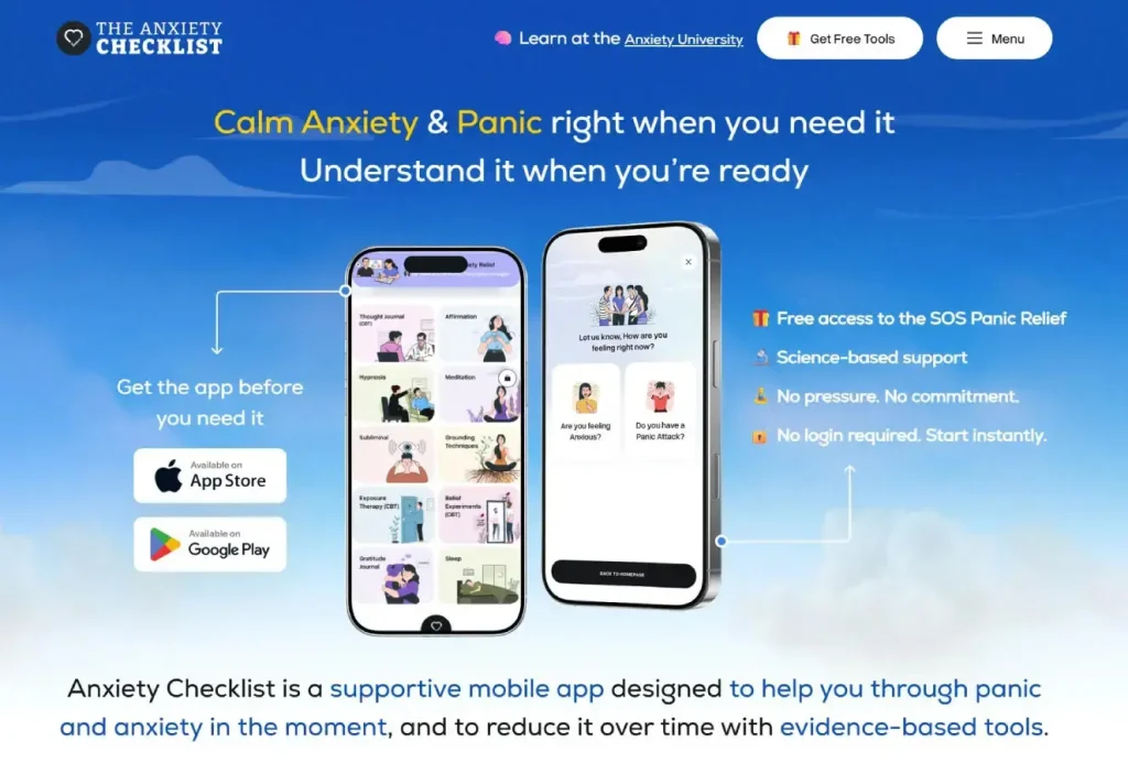 screenshot of webpage Anxiety Checklist