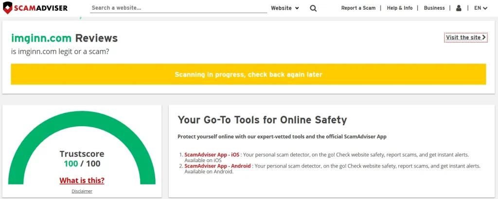 Screenshot showing 100/100 trust score in the following report generated by Scamadviser