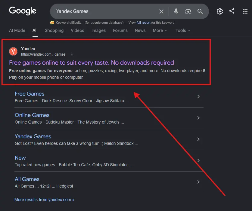 Step 2 of how to play games on Yandex Games