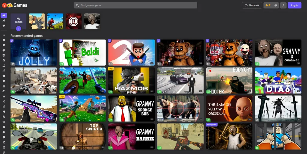 Yandex Games Homescreen