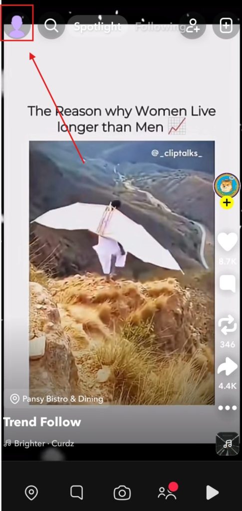 Scrrenshot of spotlight page on snapchat to click on profiel icon by nogenTech