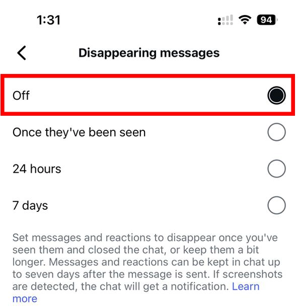 Image of Instagram Disappearing settings while chosing the Off option