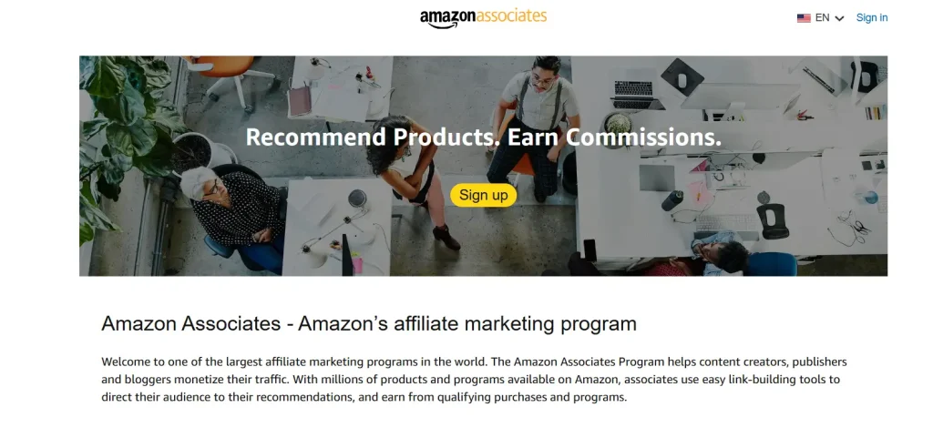 Amazon Associates program homepage showing the main banner with "Sign UP" call-to-action button and program benefits overview