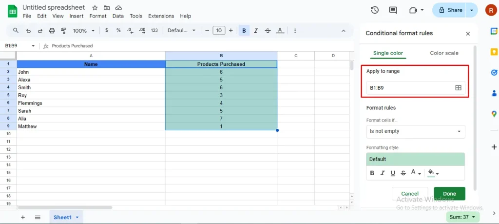 Conditional formatting panel with range B1 selected in the 'Apply to range' field.