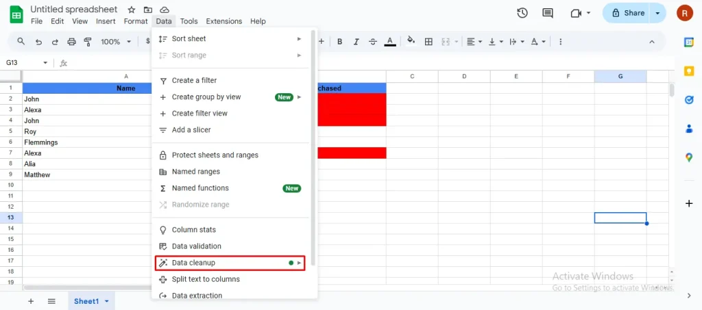 Data dropdown menu with 'Data cleanup' option highlighted.