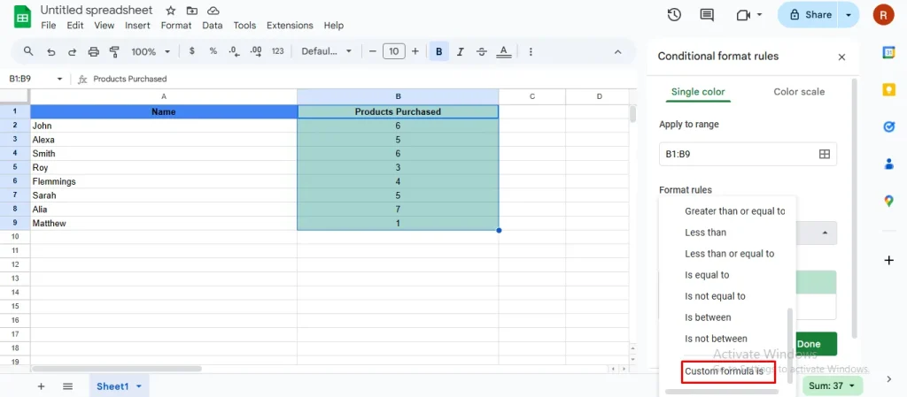 Conditional formatting dropdown menu showing 'Custom formula is' option selected.