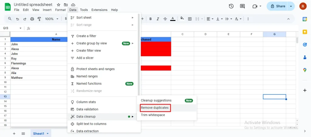 Remove duplicates dialog box showing column selection options and 'Remove duplicates' button.