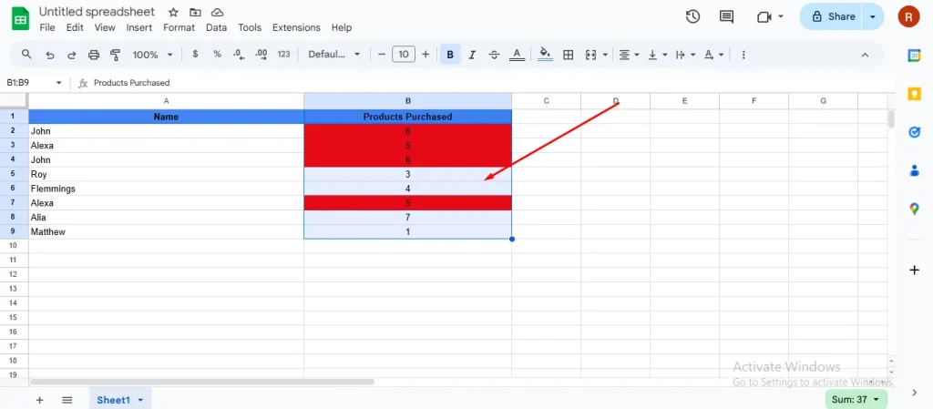 Google Sheets showing data range selected for duplicate removal.