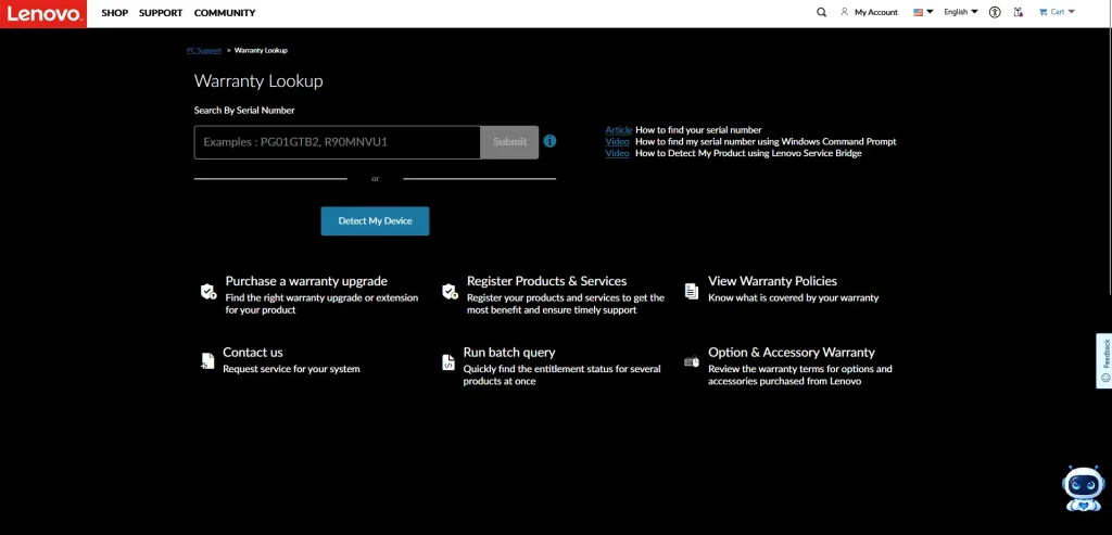 Lenovo Warranty Lookup page with the serial number field and Detect My Device option