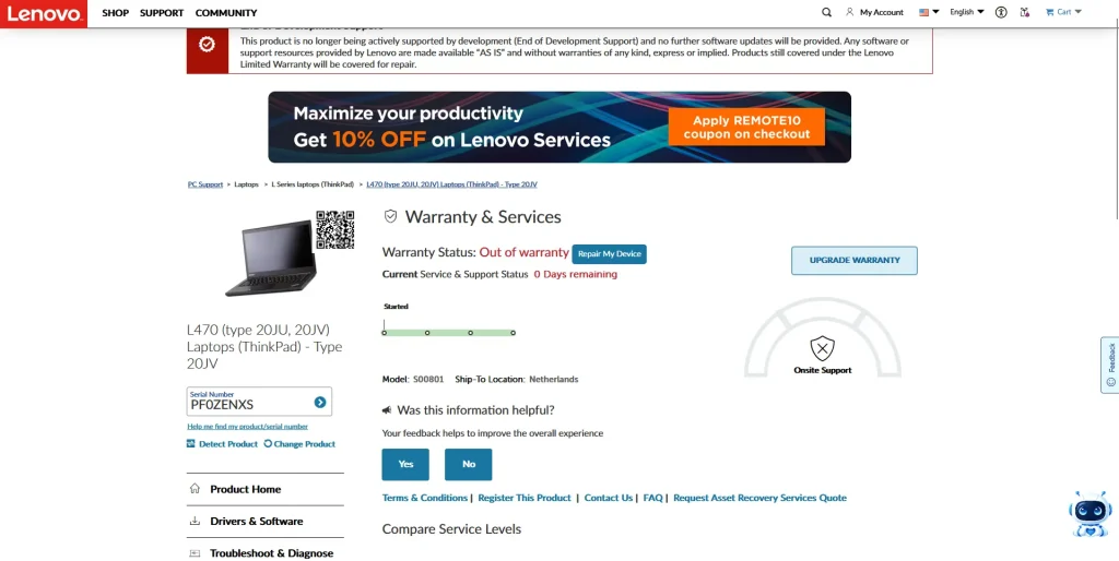 Lenovo Warranty & Services page showing the device warranty status and support information by NogenTech