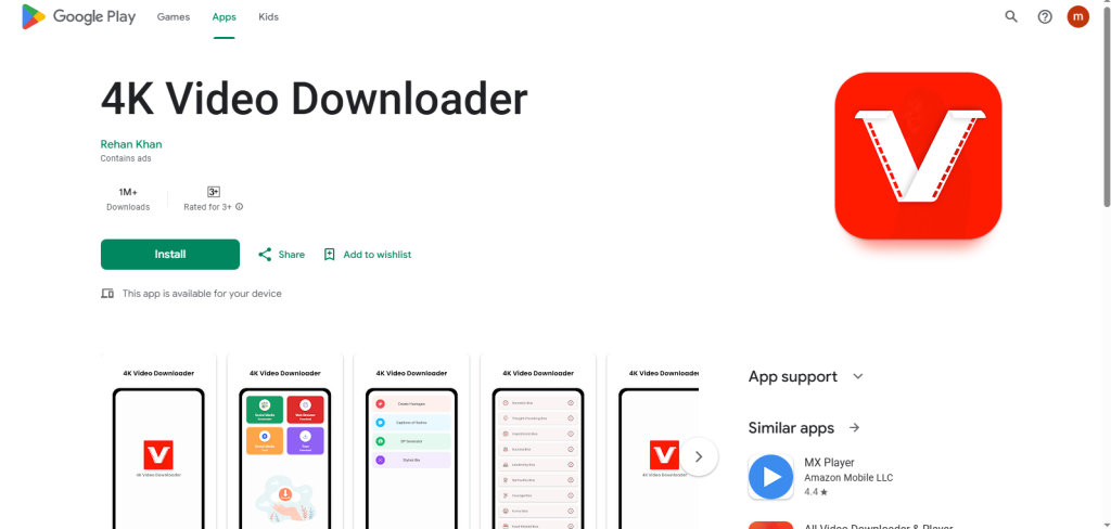 Screenshot from google play of 4K Video Downloader app by nogenTech