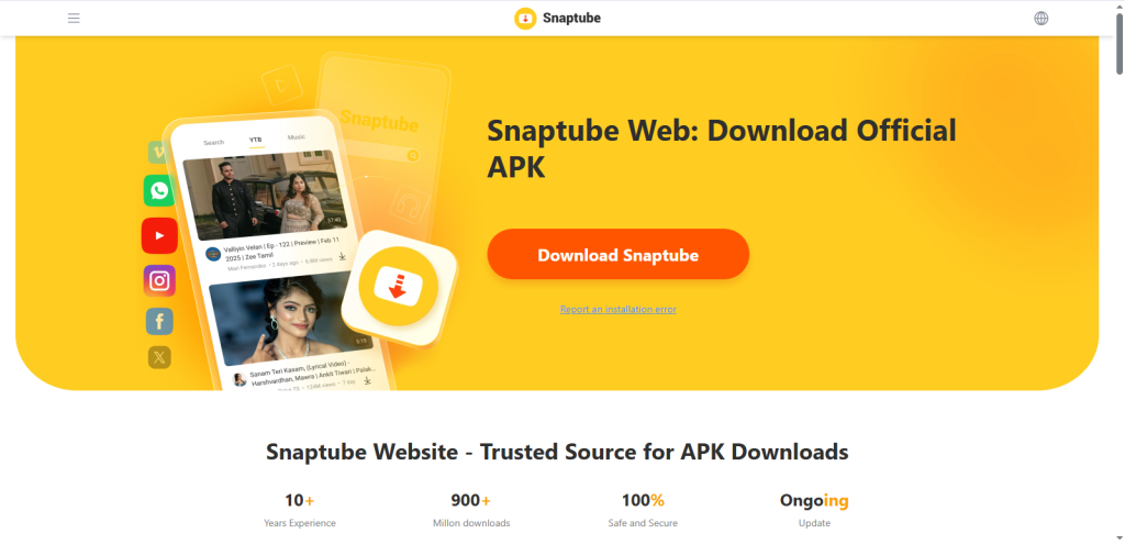 Screenshot from Snaptube homepage showing app download option by nogenTech
