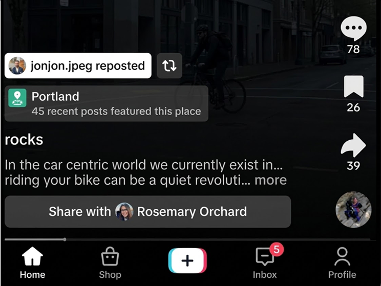 screenshot taken from tiktok profile showcasing a "Shared with you" appearance on a post