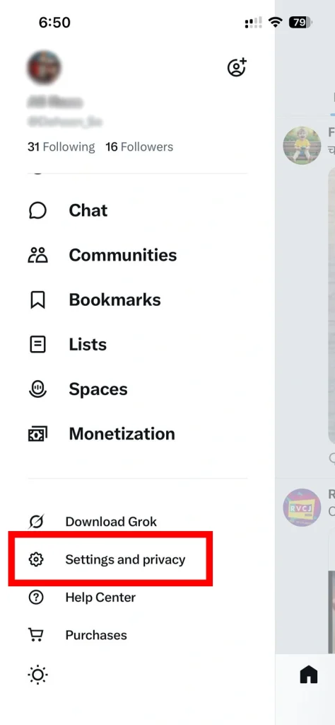 Select Settings and privacy on mobile