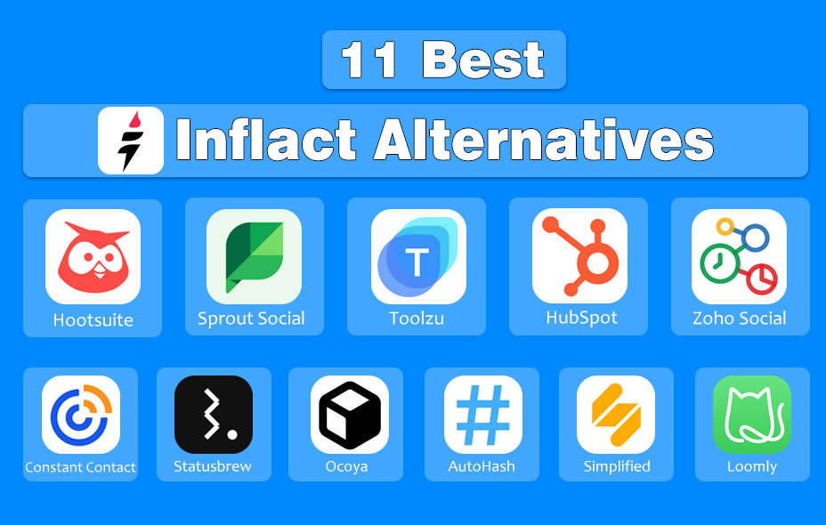 Inflact alternatives:
1. Hootsuite
2. Sprout Social
3. Toolzu
4. HubSpot Marketing Hub
5. Zoho Social
6. Constant Contact
7. Statusbrew
8. MagicLinks
9. Loomly
9. AutoHash
11. Simplified