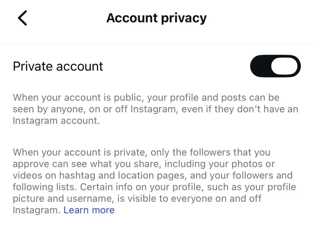 Screenshot from Instagram's Settings of Making My Profile Private