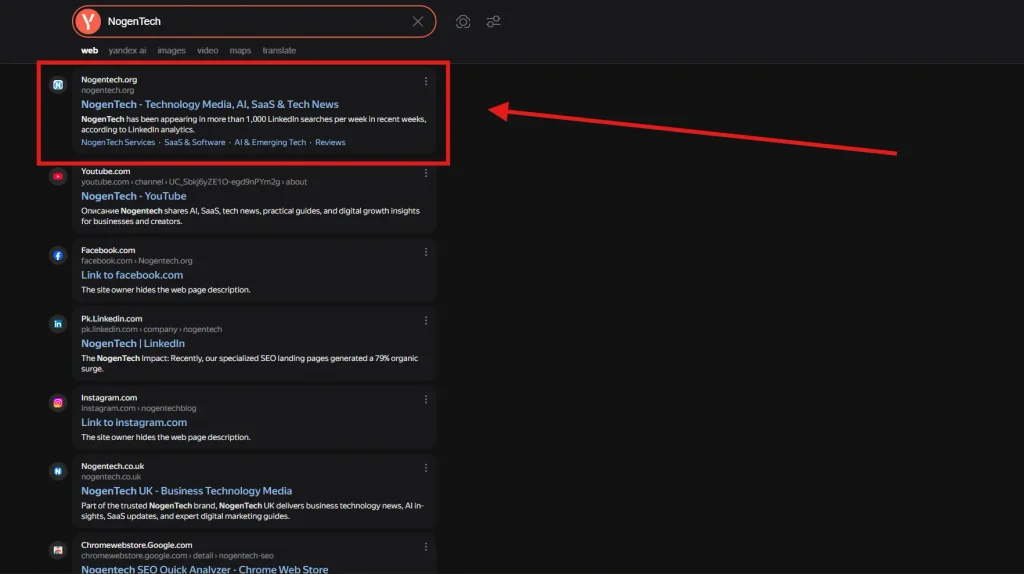 Screenshot of NogenTech appearing on Yandex