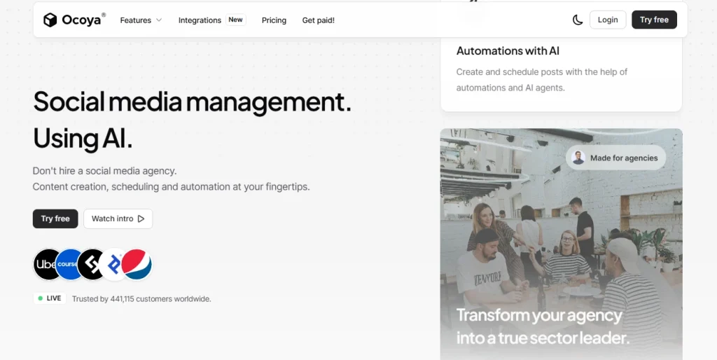 Ocoya AI content creation and scheduling tool with hashtag and caption generation.