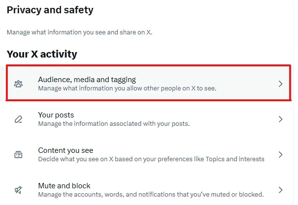 Audience, media and tagging section in X settings