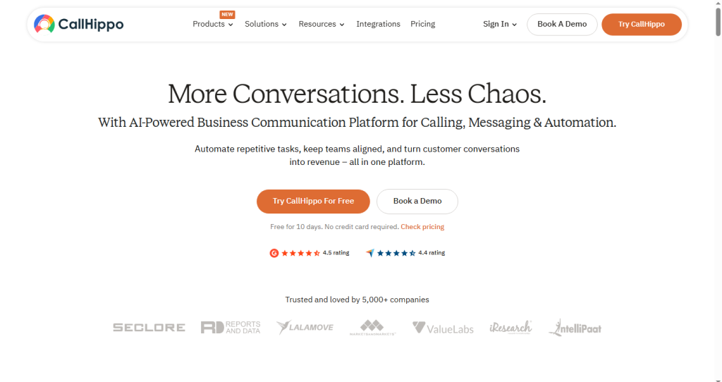 Home Page screenshot of CallHippo