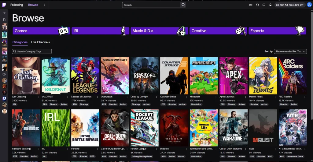 Screenshot of Twitch Category Page by NogenTech