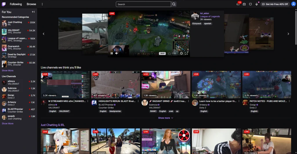 Screenshot of Twitch homepage by NogenTech