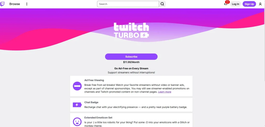 Twitch Turbo subscription page showing its price $11.99/month and features