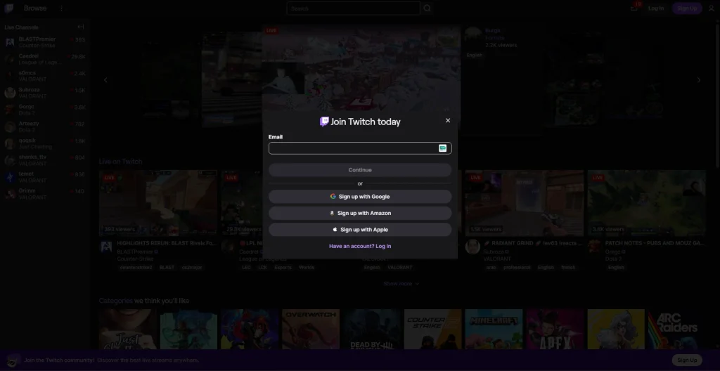 Screenshot of Twitch Home Screen After Sign-up by NogenTech