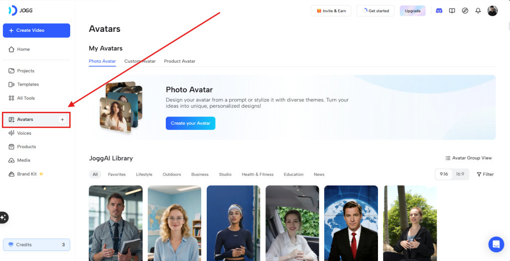 Screenshot of the Avatar page of JoggAI by NogenTech