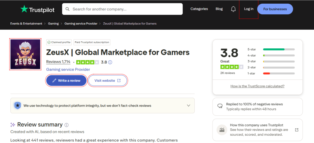 Screenshot of ZeusX Reviews on TrustPilot
