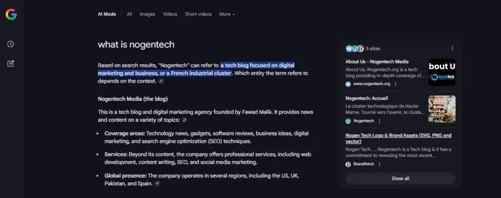 Asking Google AI Mode what is Nogentech
