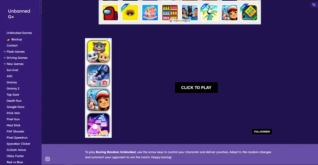 Screen showing Click to play button for boxing random game
