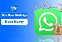 A blue and white digital graphic featuring the WhatsApp logo, a bag of money, and the text "How Does WhatsApp Make Money