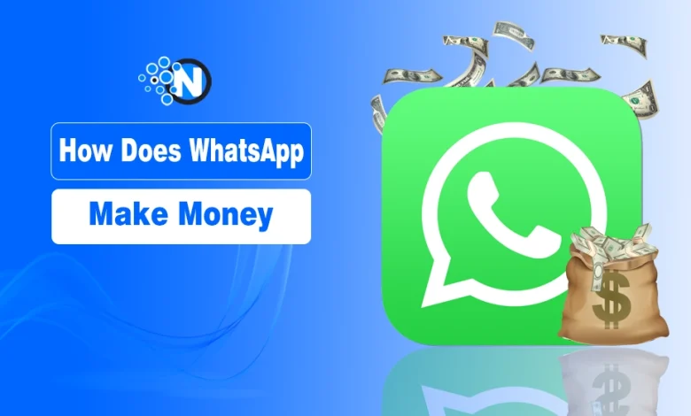 A blue and white digital graphic featuring the WhatsApp logo, a bag of money, and the text "How Does WhatsApp Make Money