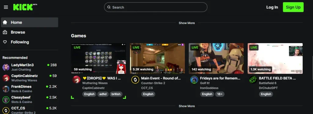 Kick - A screenshot of kick platform where users live stream game
