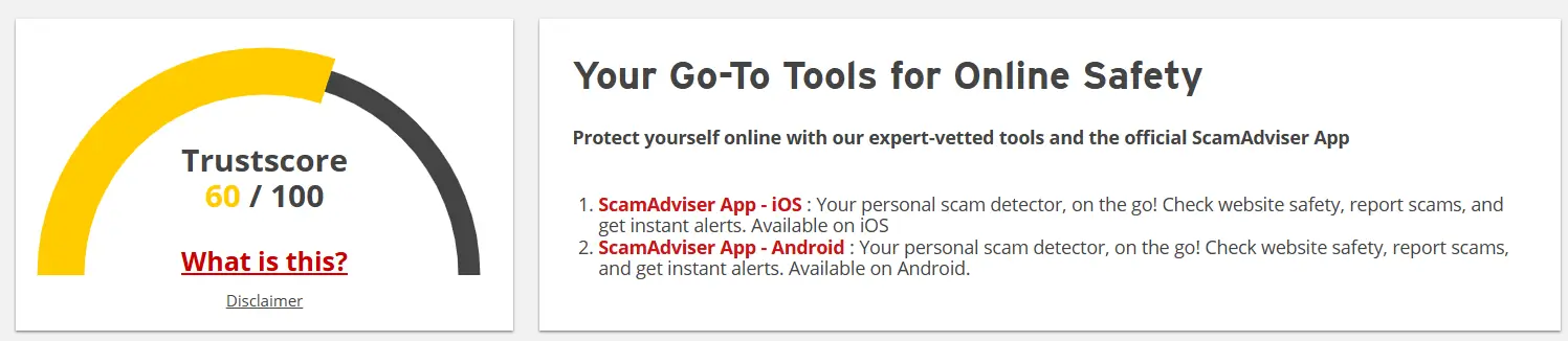 ScamAdviser trust score rating showing Letflix with 60 out of 100 points