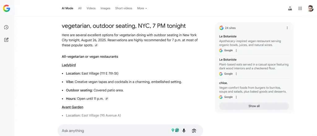 Search results for vegetarian, outdoor seating, NYC, 7 PM tonight