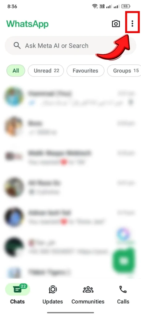 Tap the three dots in the top-right corner on Whatsapp for number changing Process